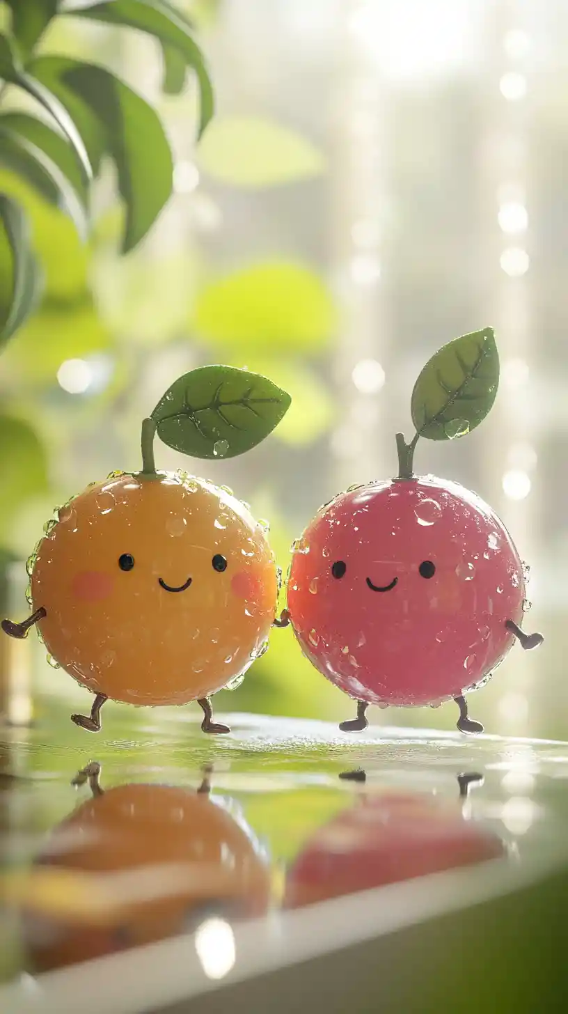 Cute cartoon fruit friends in a cozy indoor scene