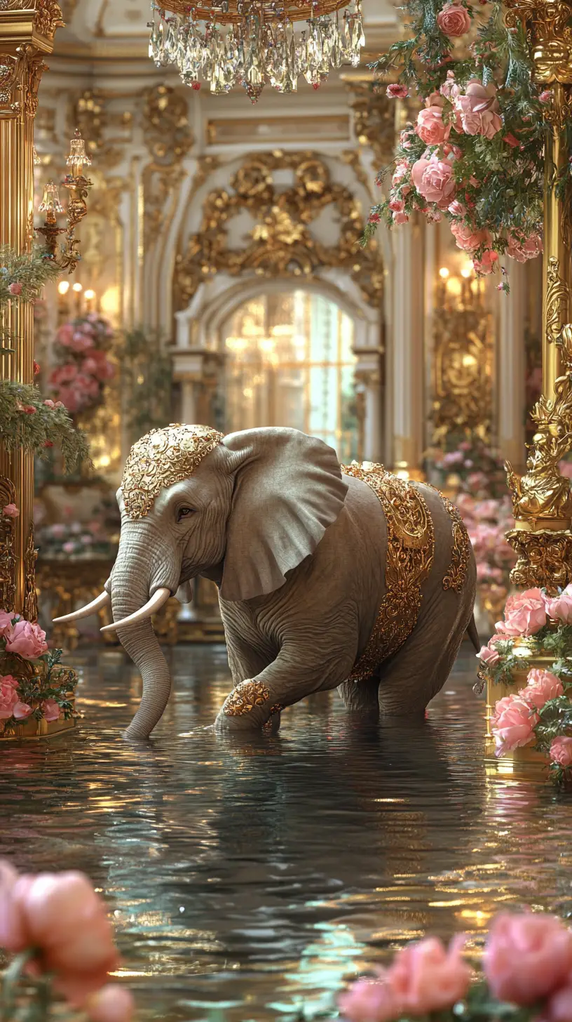 Éléphant majestueux dans le jardin aquatique décoré d’un palais