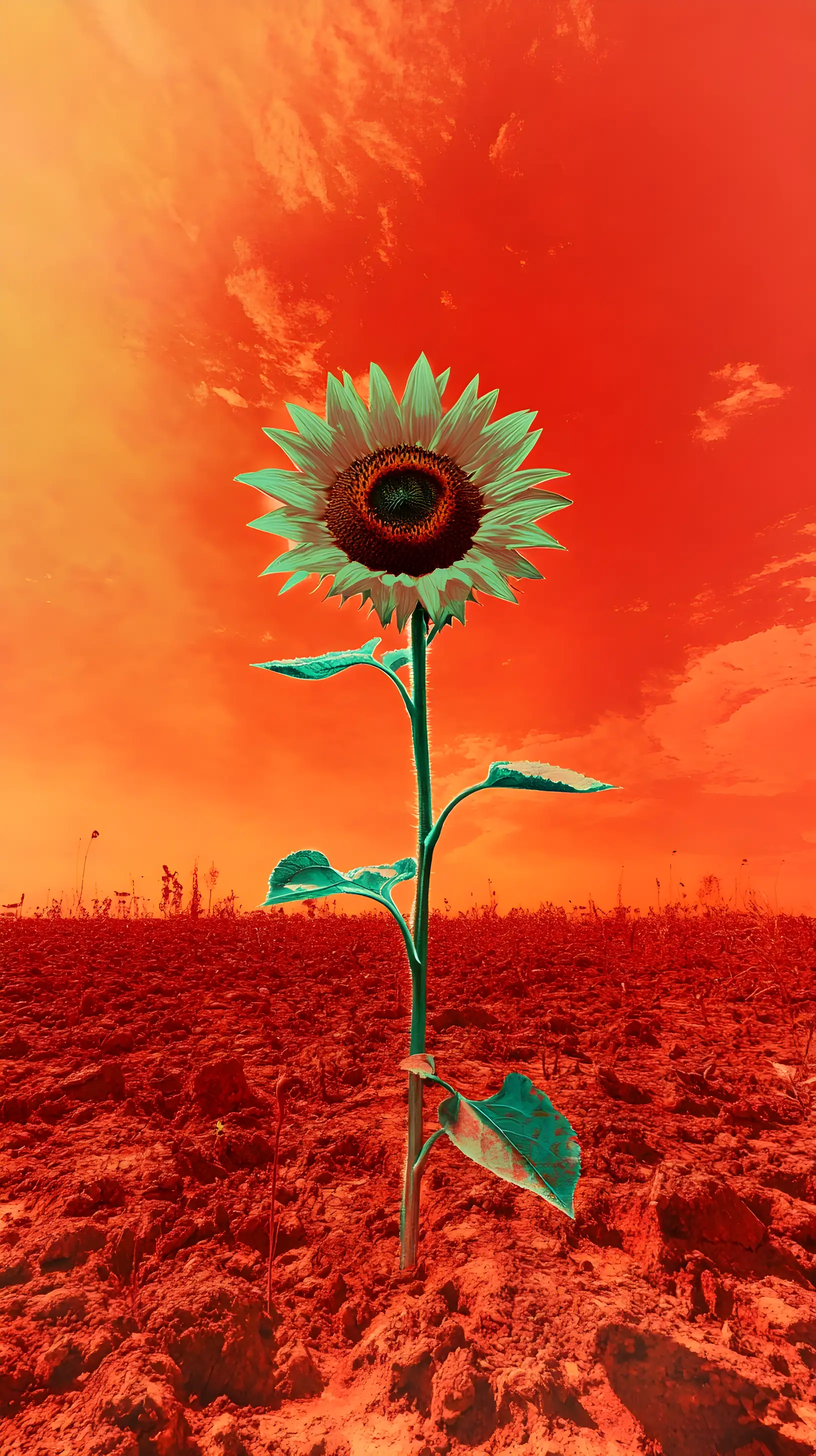 Riesige Sonnenblume in einem roten, nebligen Alien-Himmelsfeld