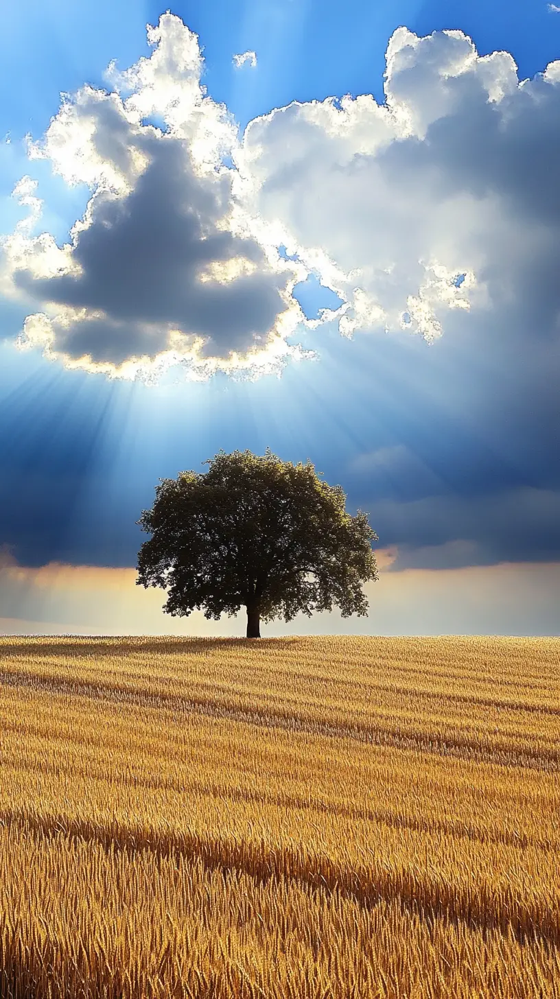 Einsamer Baum im goldenen Weizen unter dramatisch leuchtendem Himmel