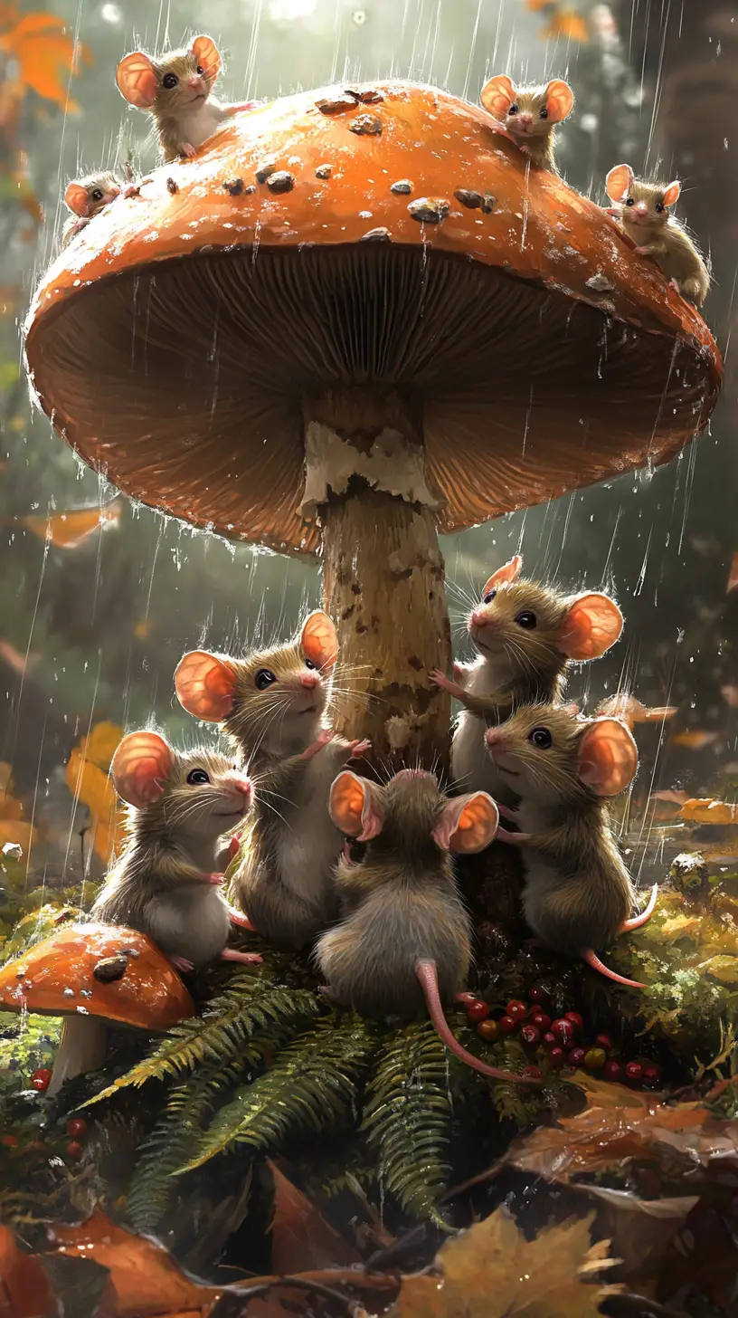 Mäusefamilie, die im Wald unter einem Pilz Schutz sucht