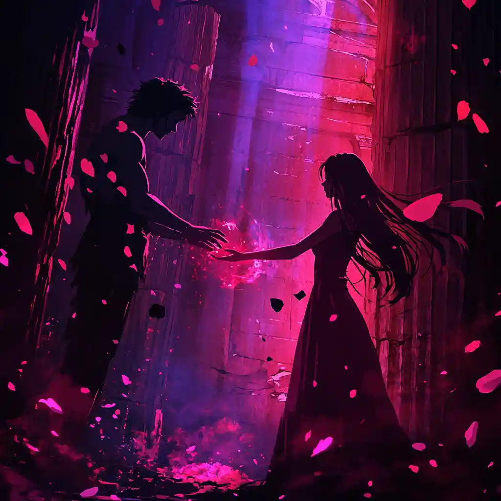 Hades reaching for Persephone through swirling shadows