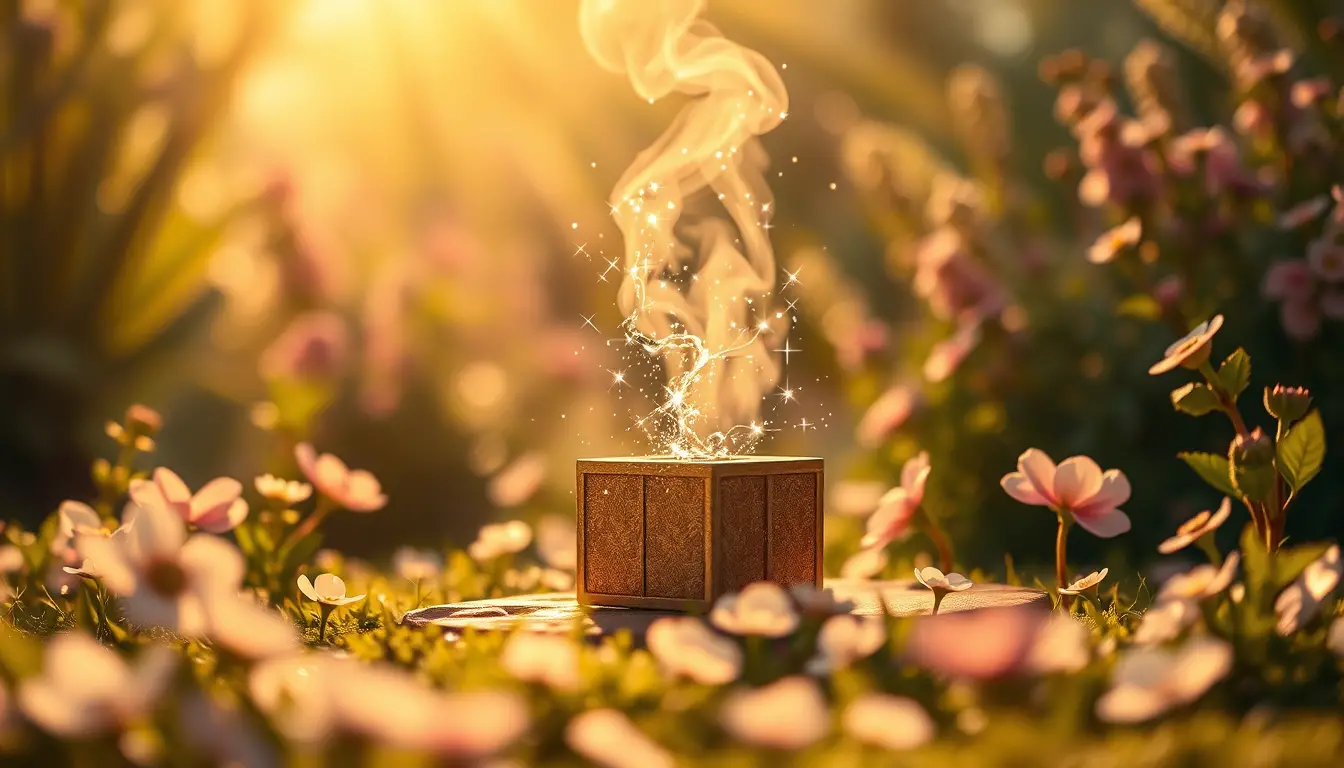 夢幻花園中發光的魔法禮物盒