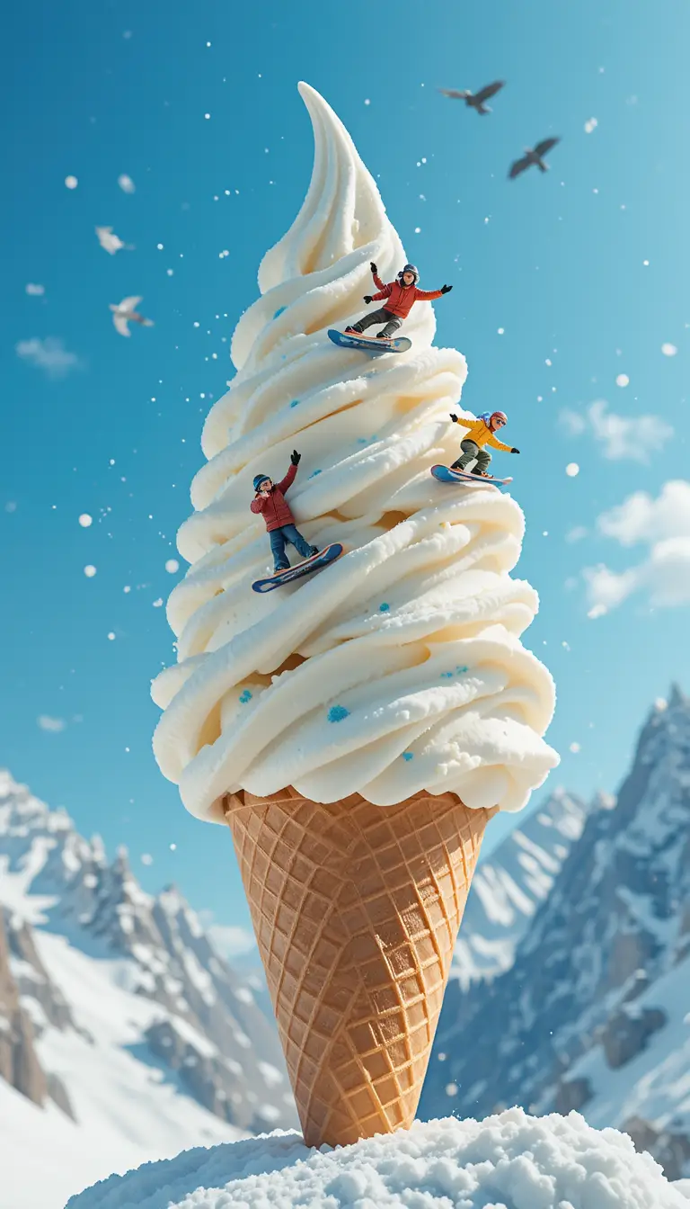 迷你單板滑雪者在巨大神奇冰淇淋山上馳騁