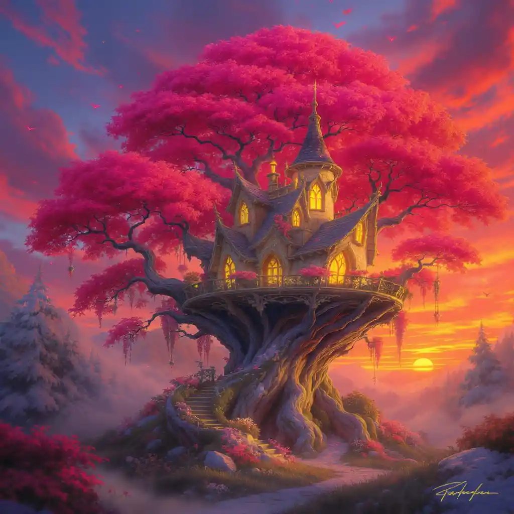 Whimsical glowing treehouse in a vibrant fantasy forest
