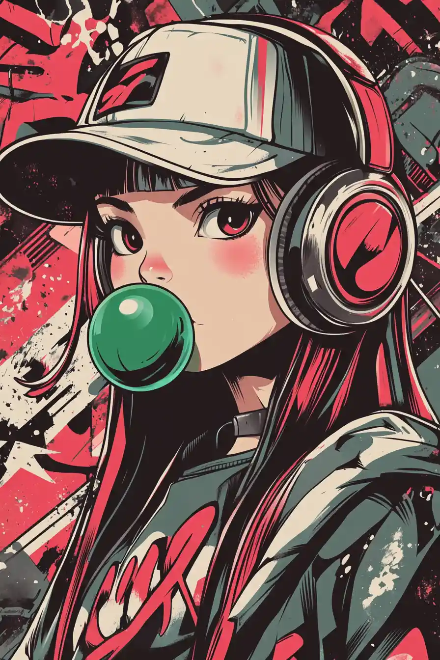 Anime girl with headphones and graffiti bubblegum art