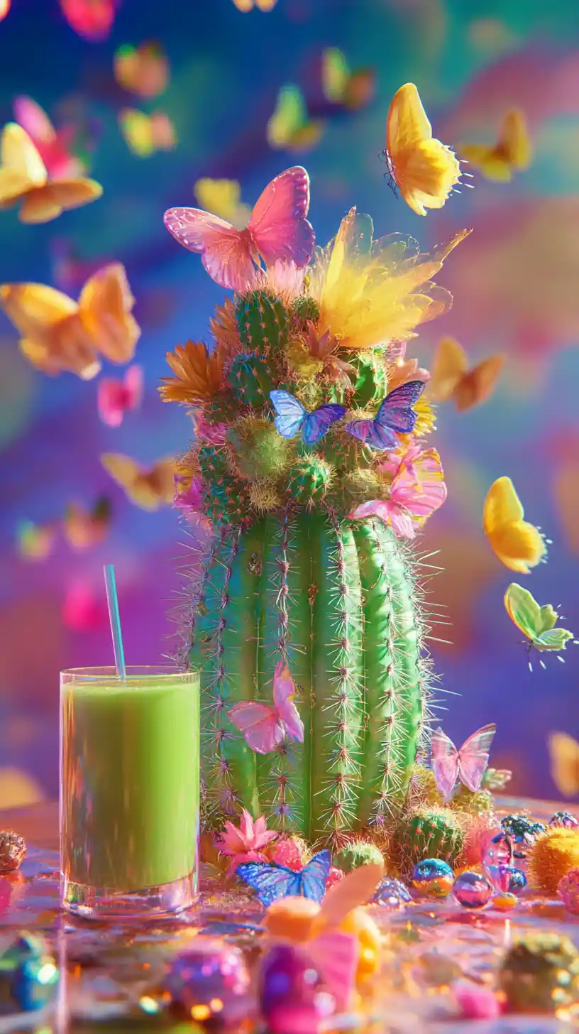 Vibrant cactus pyramid with pastel butterflies and juice
