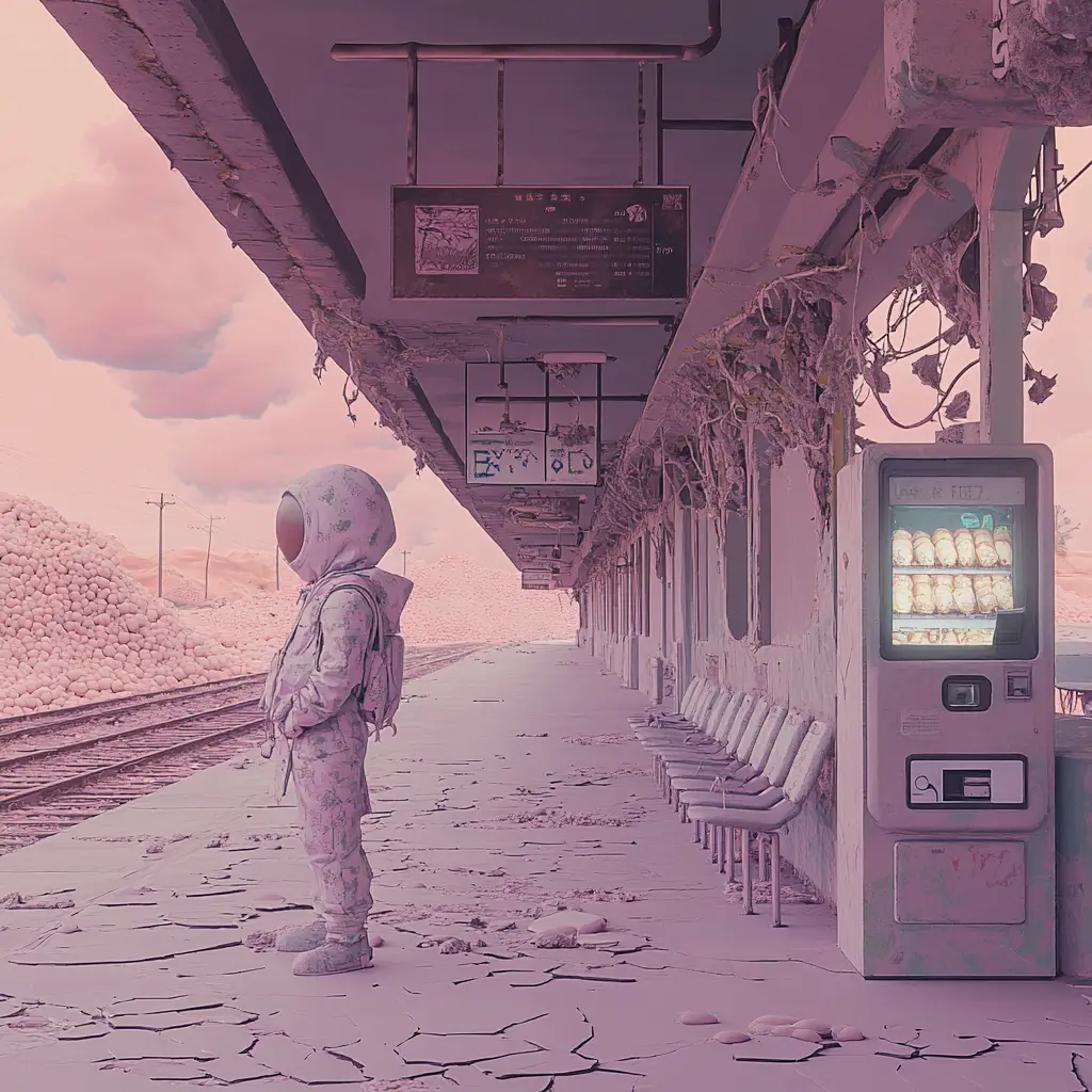 Surreal train station rising alone in an endless desert