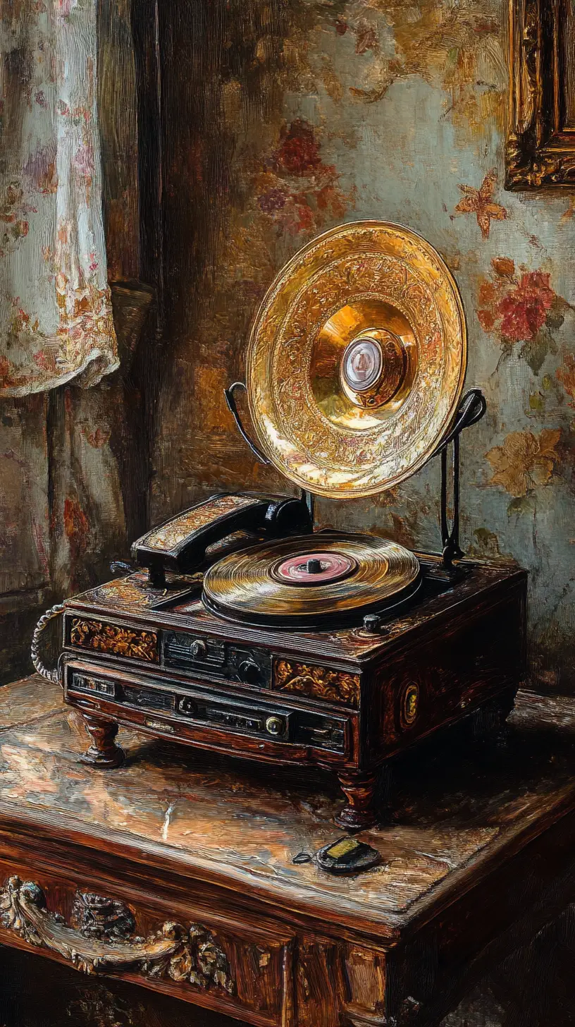 Toca‑discos vintage e telefone em um quarto antigo