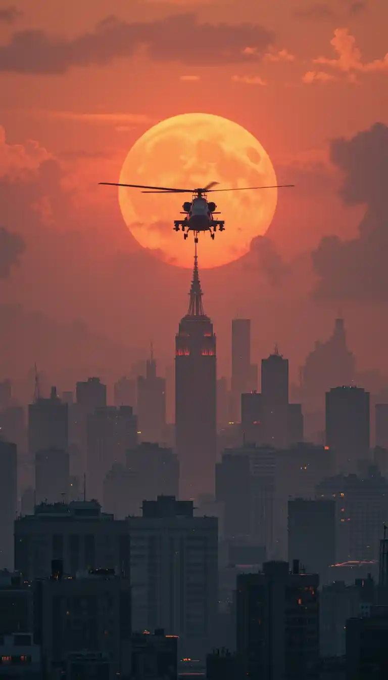 Dramatic Cityscape At Sunset With Helicopter And Full Moon