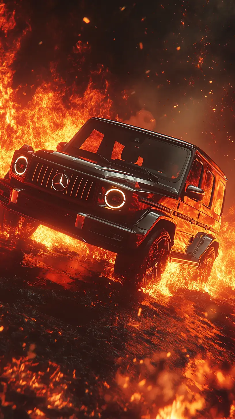 Schwarzer SUV fährt durch lodernde Flammen in der Dunkelheit