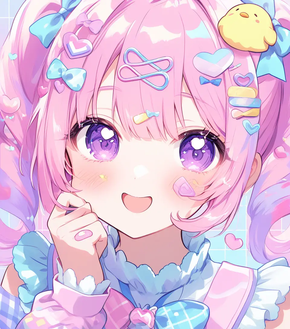 Süßes Anime-Mädchen mit rosa Haaren und pastellfarbenen Herzen