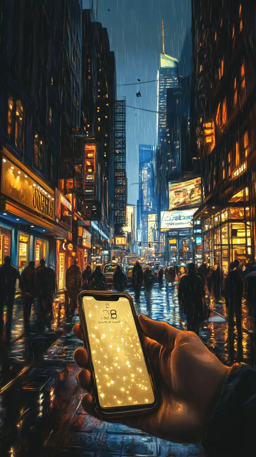Golden smartphone in hand on a New York night street