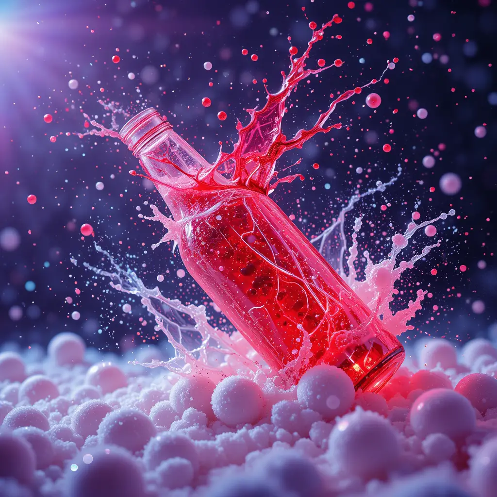 Surreale leuchtende Flasche, die durch Schnee und Jelly-Perlen explodiert