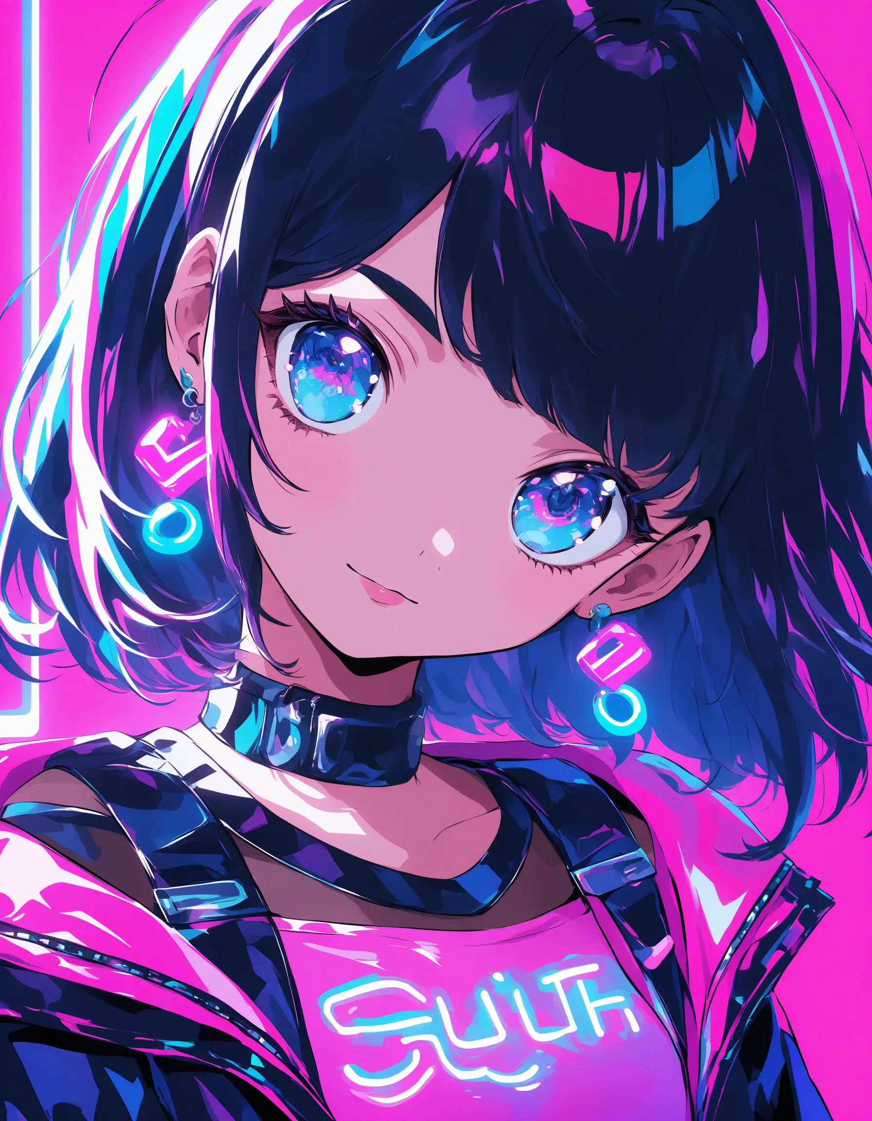 Portrait d’une mignonne fille gothique d’anime avec des lumières néon roses
