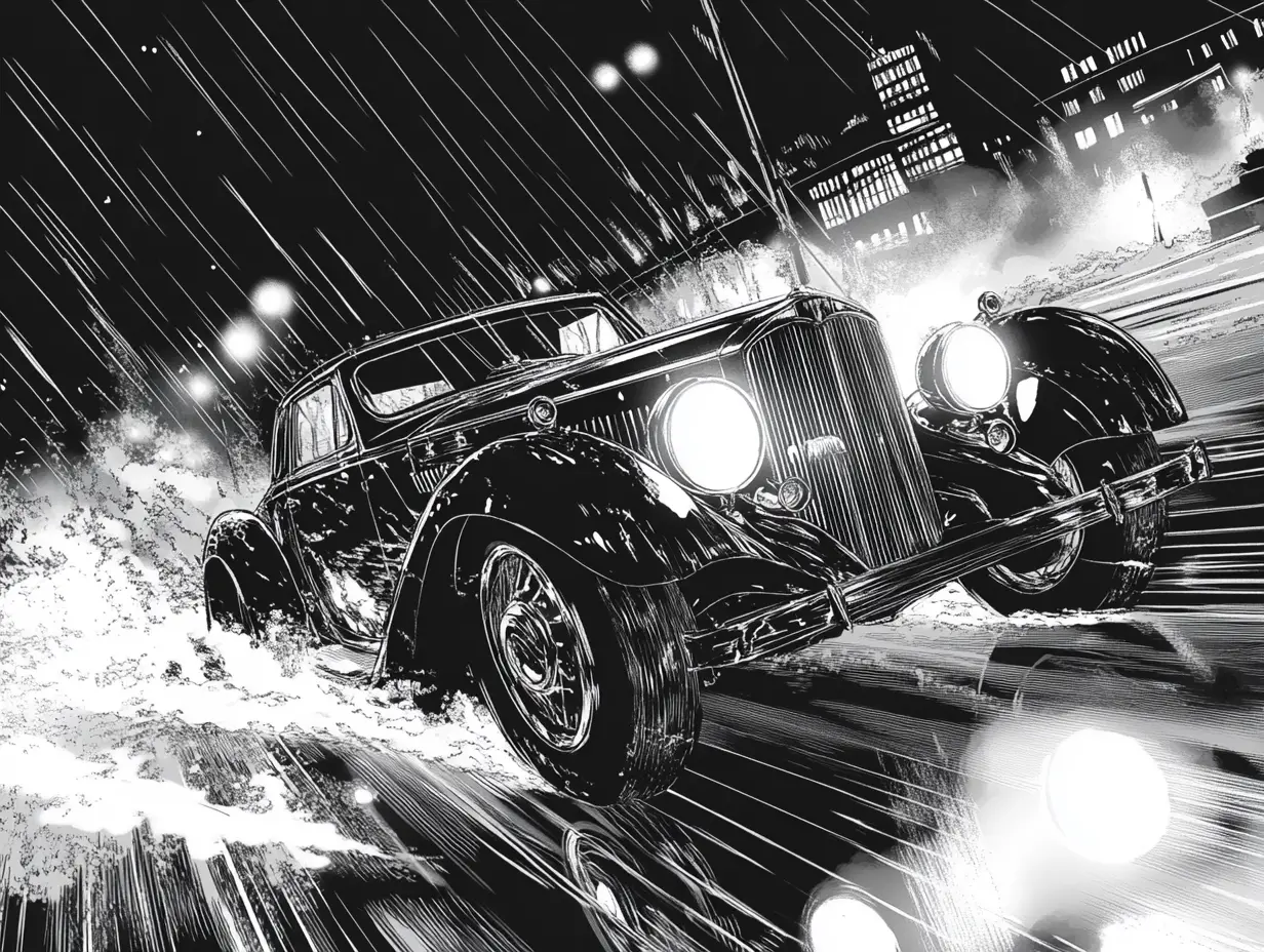 Coupé vintage filant dans une rue de ville sous la pluie nocturne