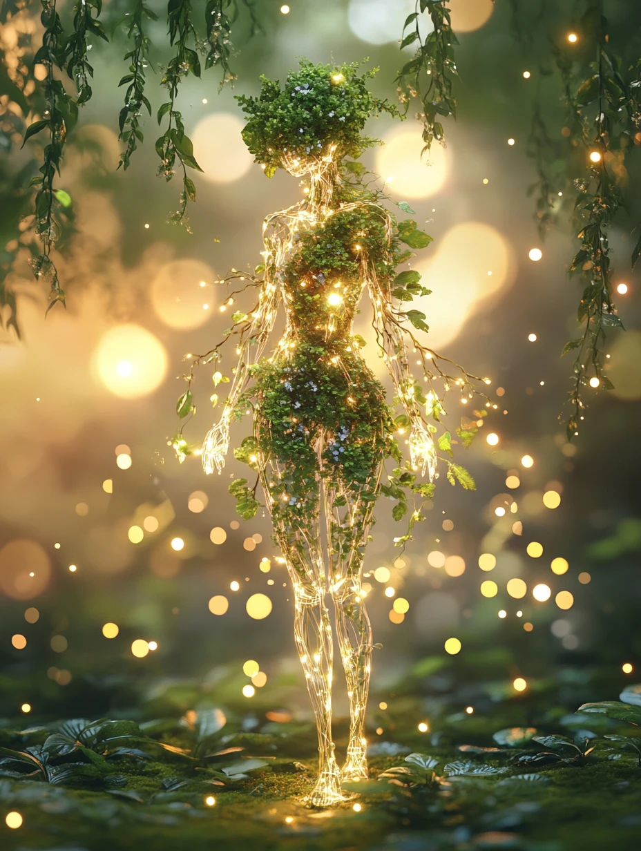 Mulher de vidro luminosa com ecossistema interno e vagalumes
