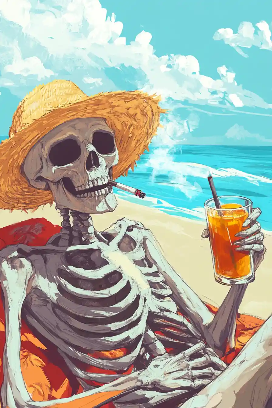 Grim reaper relaxing on a sunny beach vacation