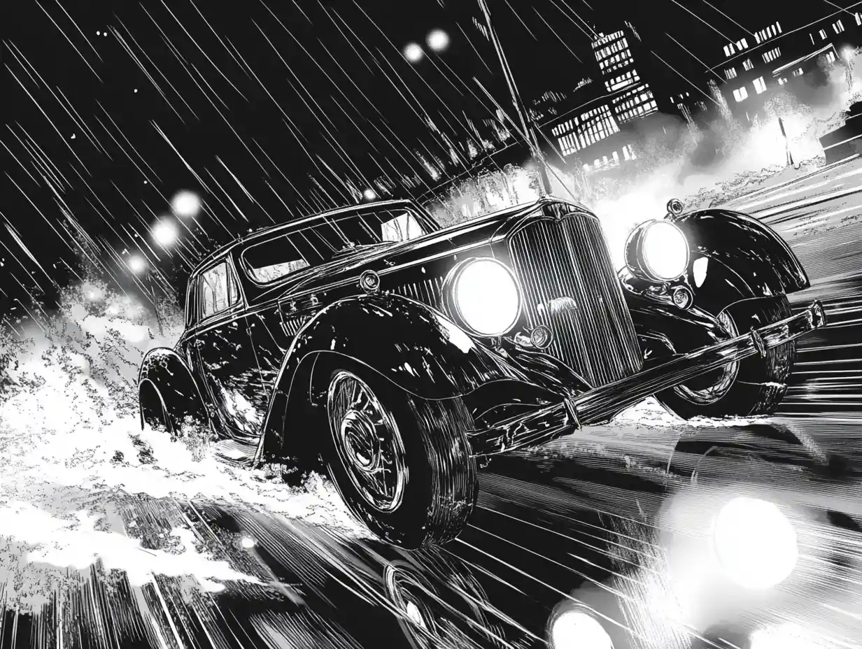 Vintage-Coupé rast durch regennasse nächtliche Stadtstraße