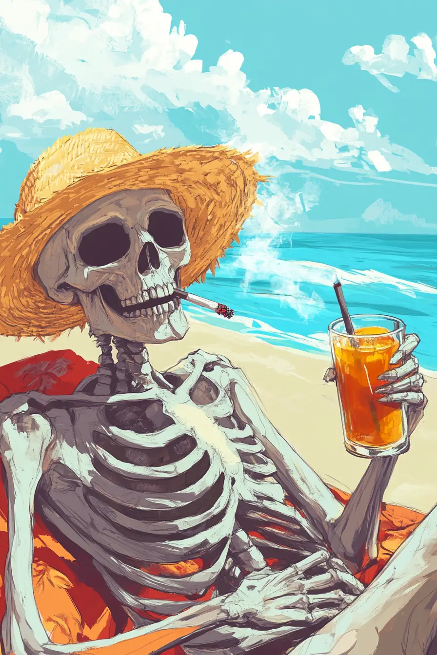 Sensenmann entspannt im sonnigen Strandurlaub
