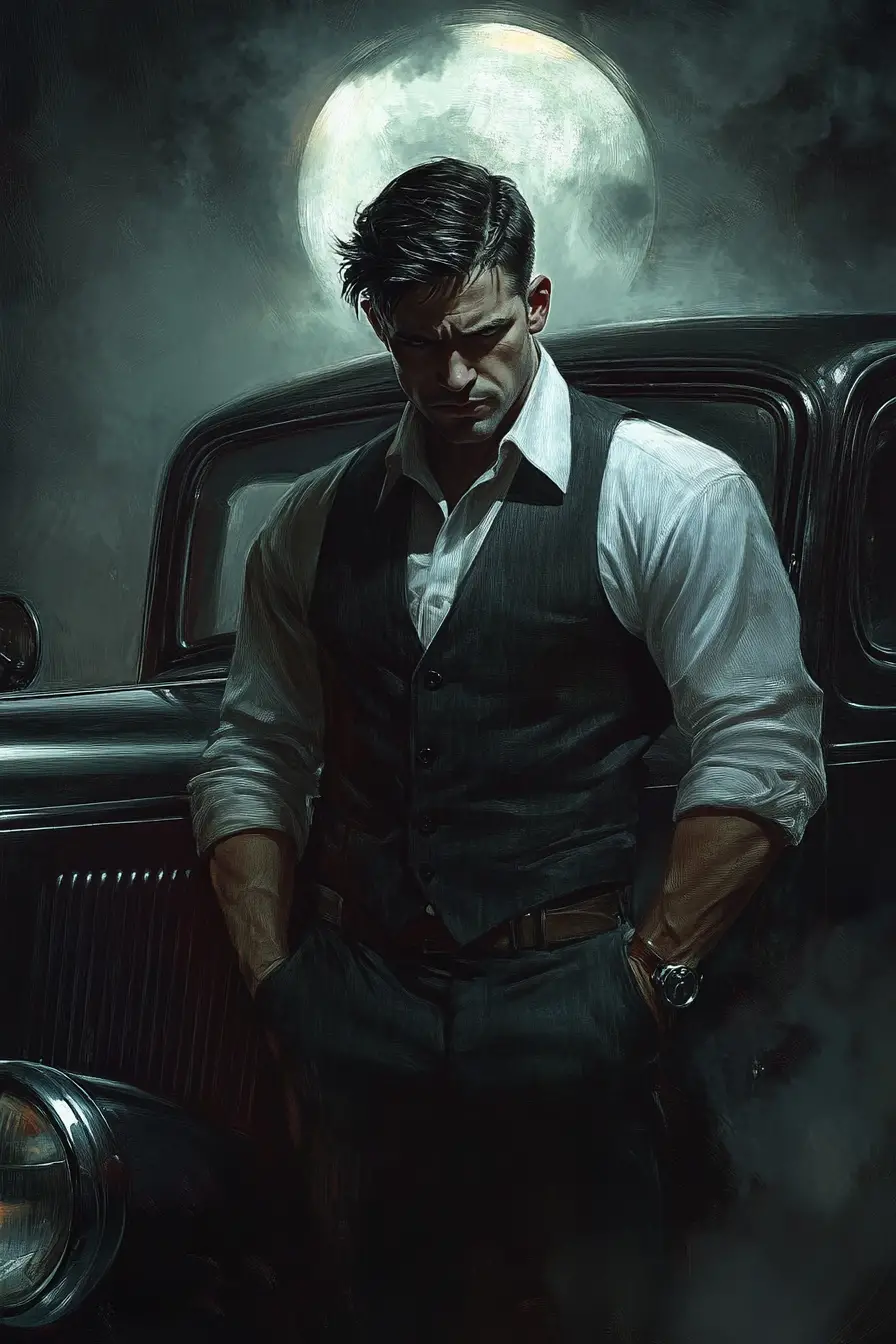 Mobster Stepping From Vintage Ford In Moonlit Noir Scene