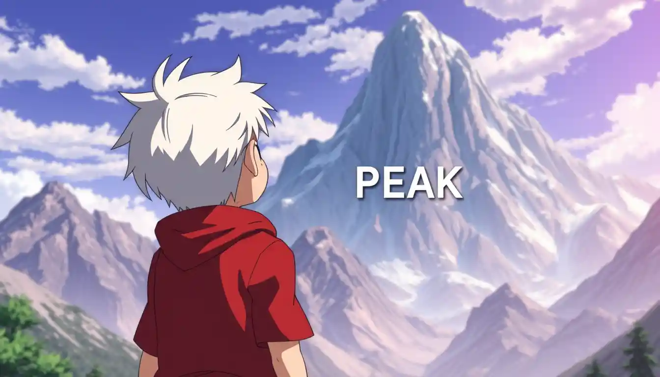 White haired boy facing a towering mountain in anime style