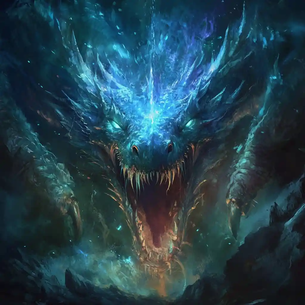 Bioluminescent Dragon Emerging Fiercely From A Dark Cave