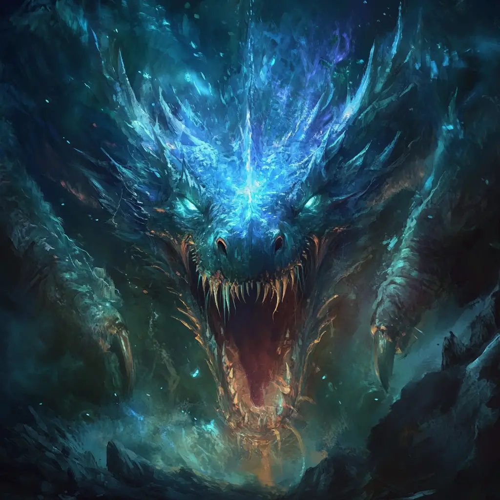 Biolumineszenter Drache, der wild aus einer dunklen Höhle hervorbricht