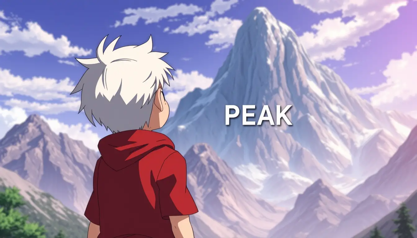 面對高聳山峰的白髮少年（動漫風格）