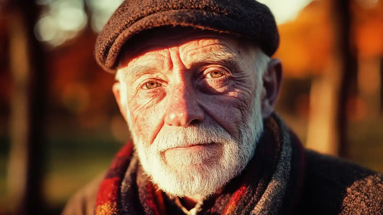 Elderly man portrait in warm autumn forest light