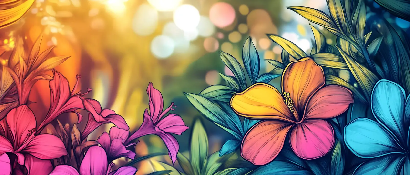 Illustration colorée de fleur tropicale avec arrière-plan bokeh ensoleillé