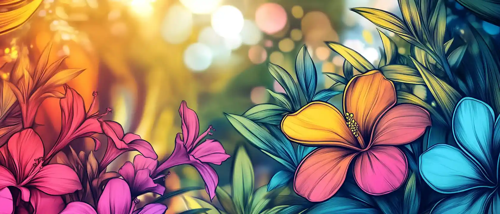 Colorful tropical flower illustration with sunny bokeh background