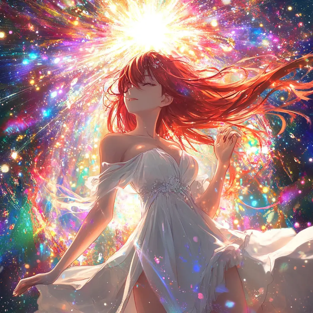 Fille d’anime en robe blanche sous une lumière cosmique rayonnante