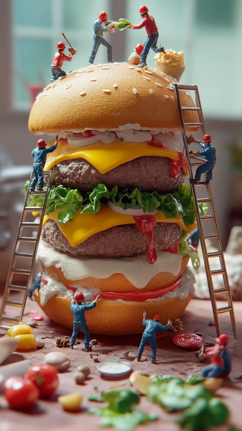 Winzige Arbeiter bauen einen gigantischen Burger in einer Küche