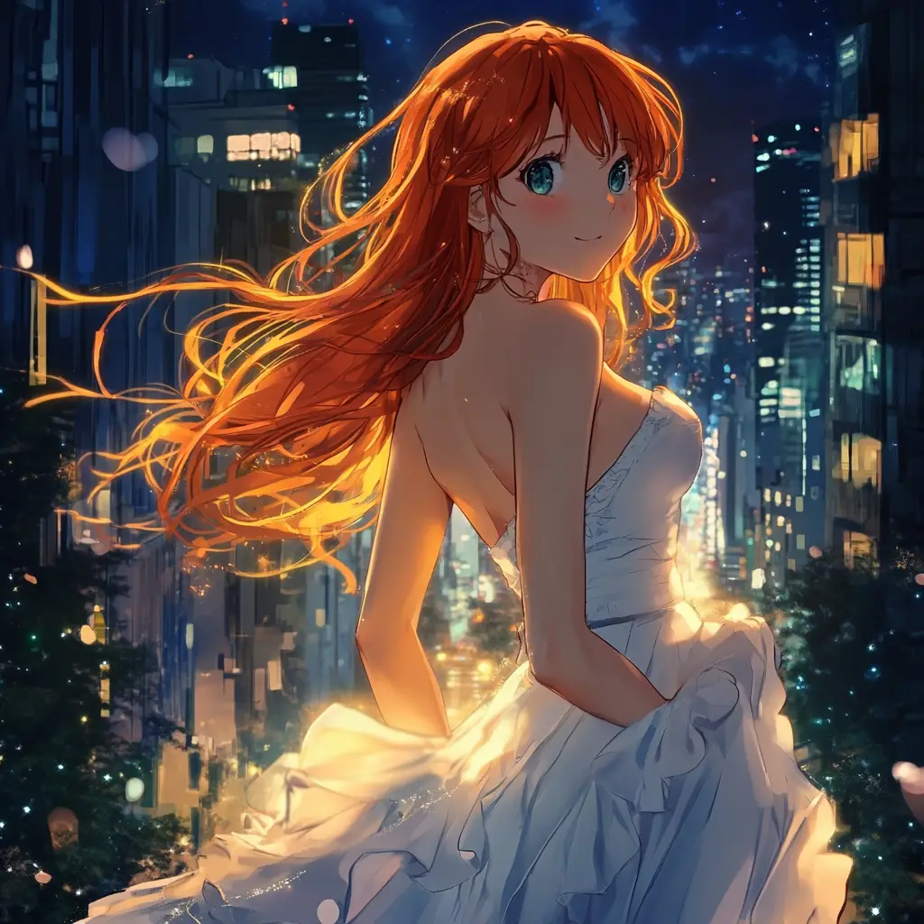Donna anime dai capelli rossi con abito bianco di notte