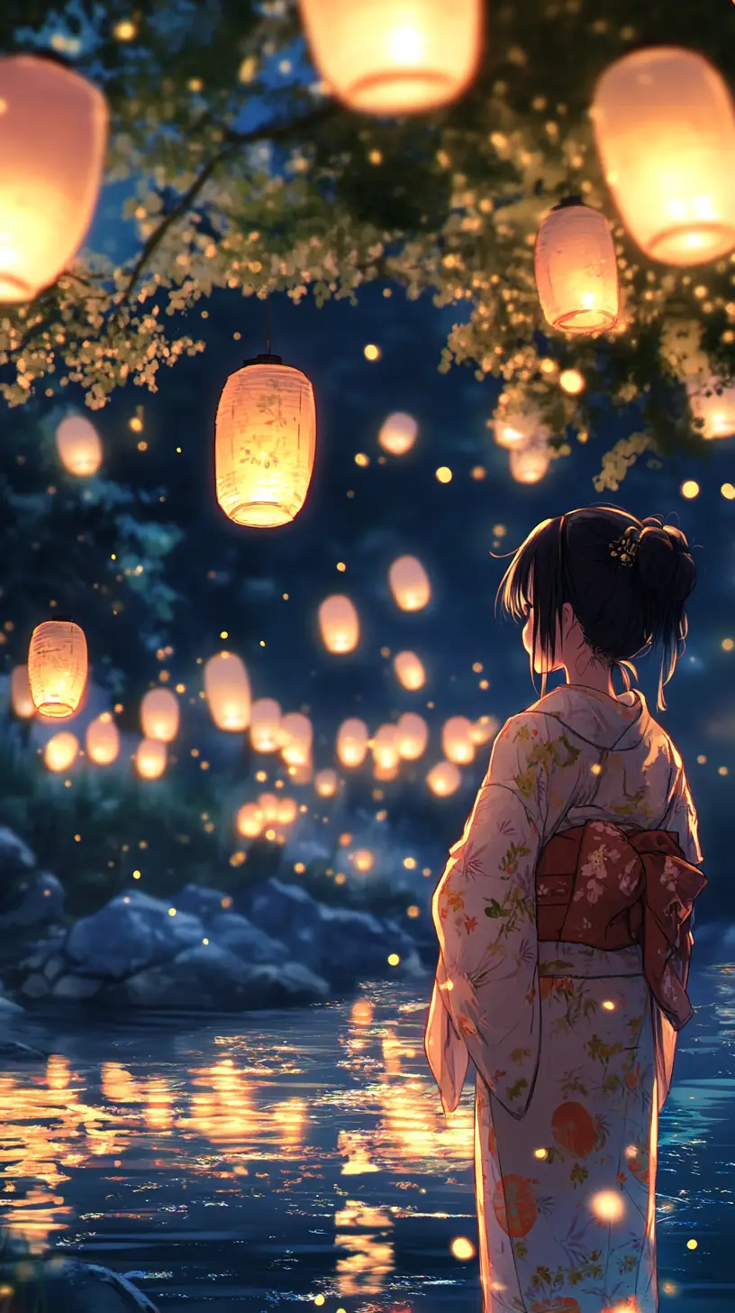 燈籠照亮河畔的浴衣動畫少女