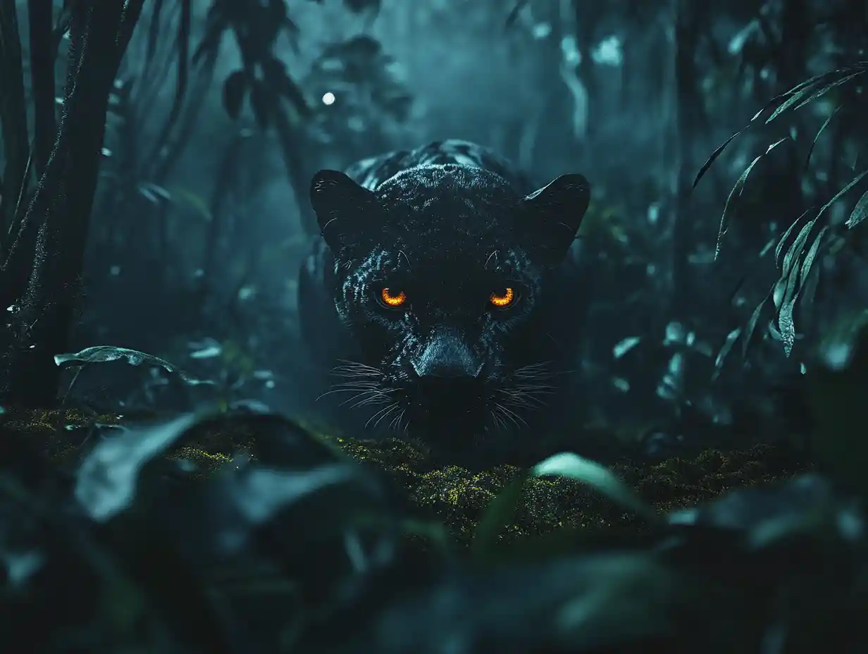 Moonlit panther hidden in a misty tropical jungle