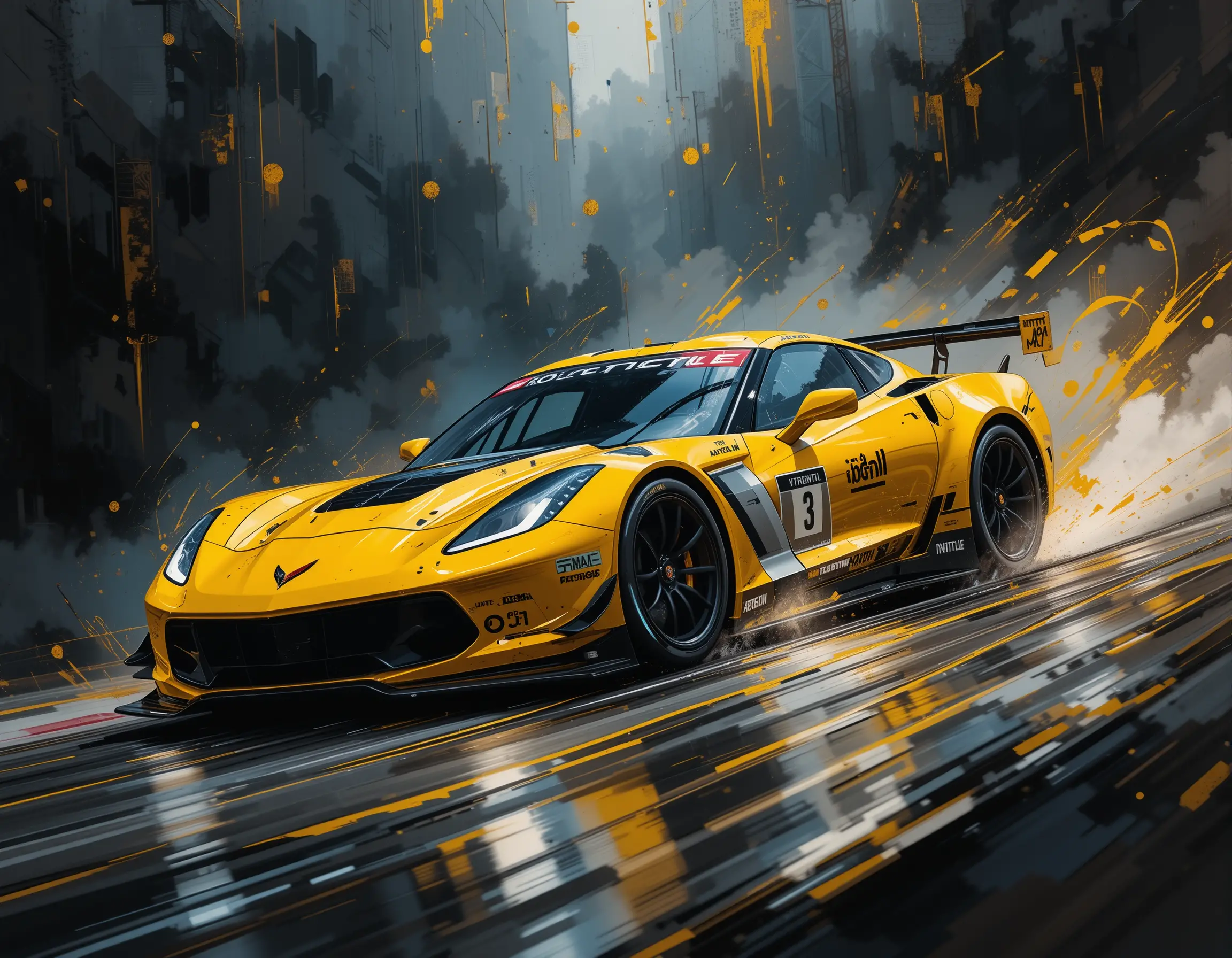 Yellow Corvette race car on abstract midnight racetrack