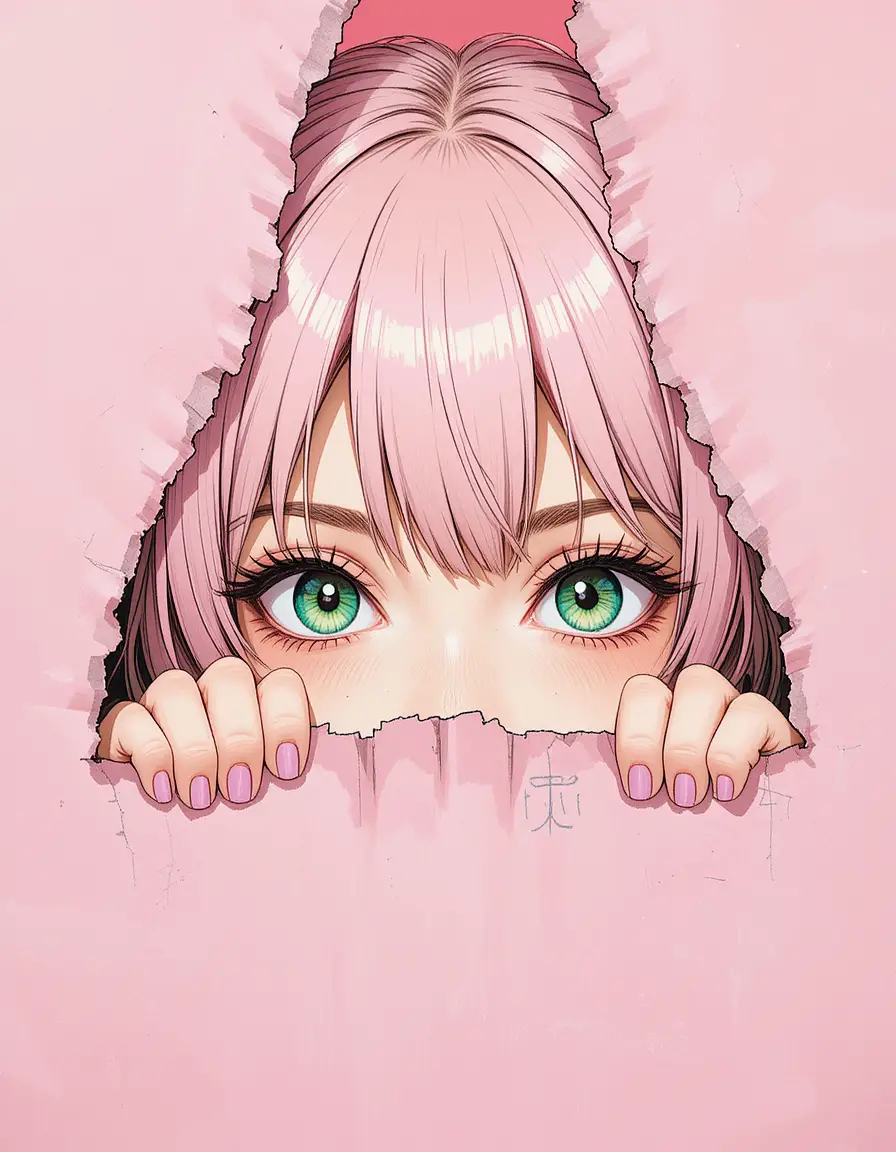 Fille d’anime regardant à travers ses doigts sur un papier rose doux