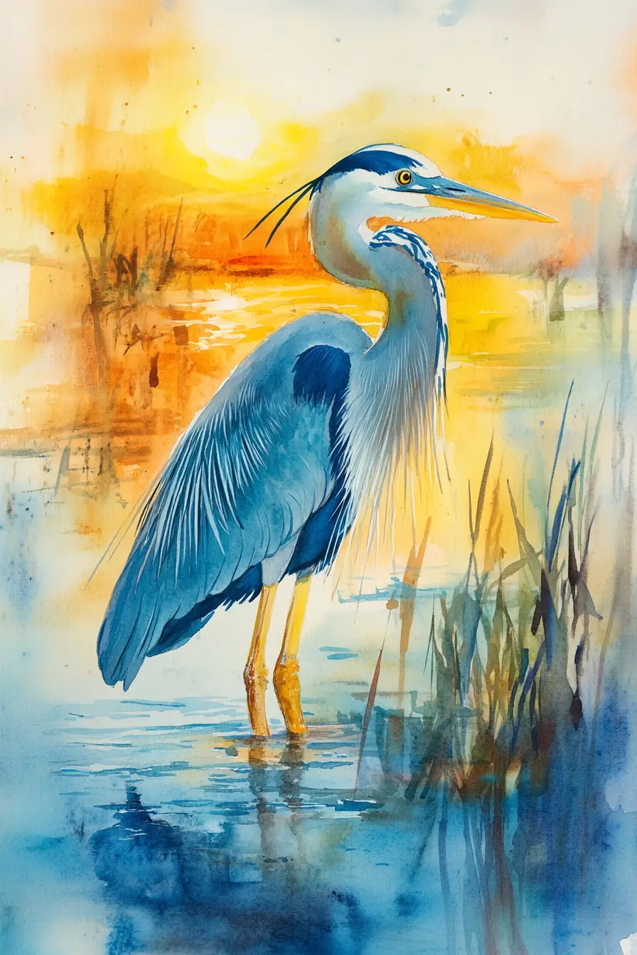 Aquarellreiher im seichten türkisfarbenen Wasser bei Sonnenuntergang