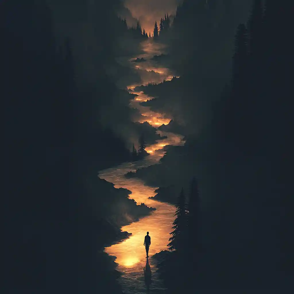 Lone figure walking among glowing floating islands