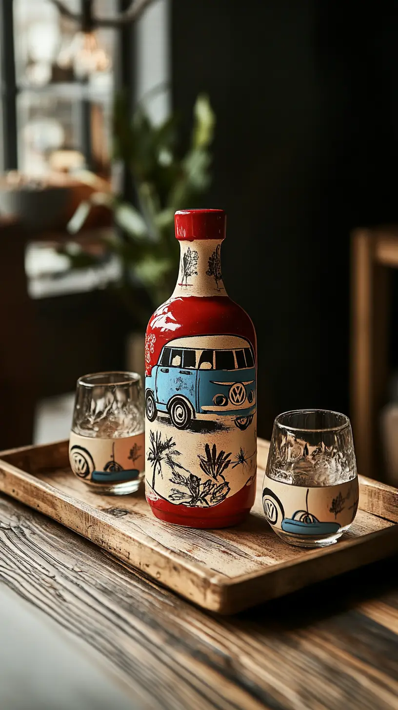 Bouteille de liqueur peinte à la main style camping-car sur plateau en bois
