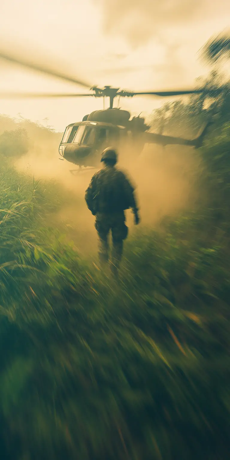 Marine stepping from dusty helicopter at jungle outpost