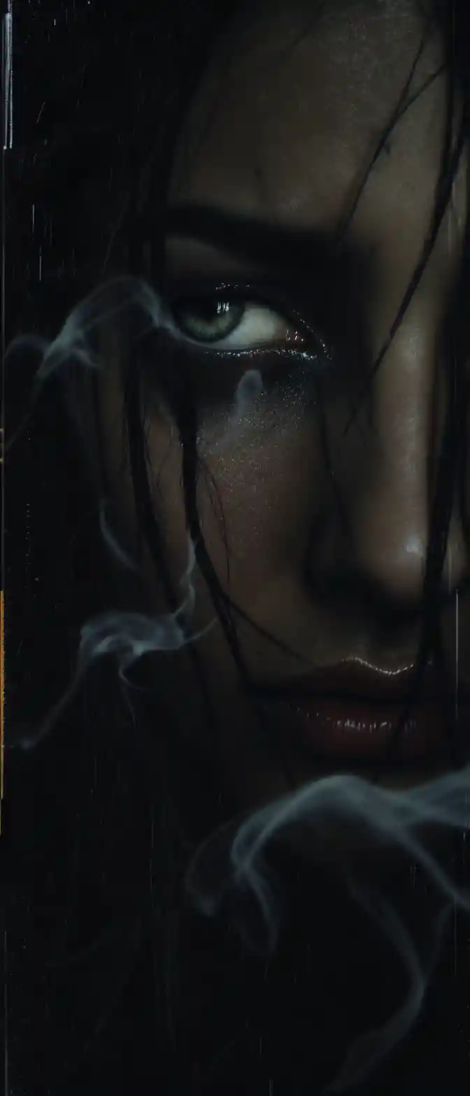 Extreme close up of anguished dark haired woman