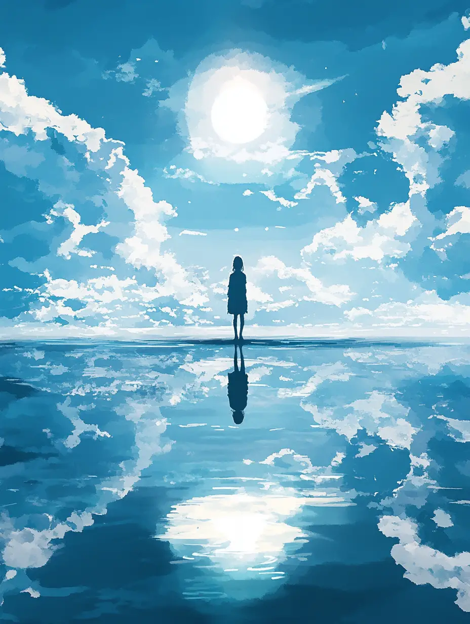 Silueta de mujer reflejada en el agua bajo el cielo de verano