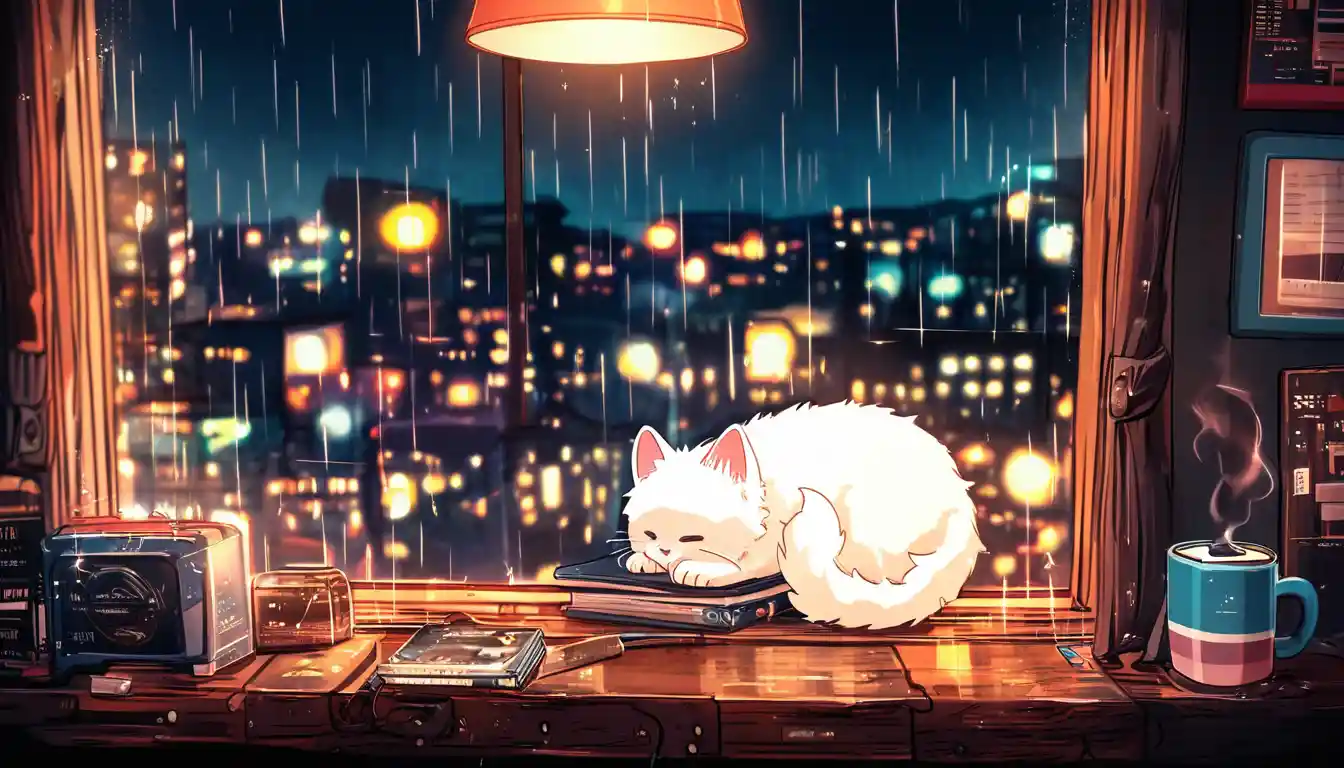 White cat sleeping by coffee mug on rainy city night