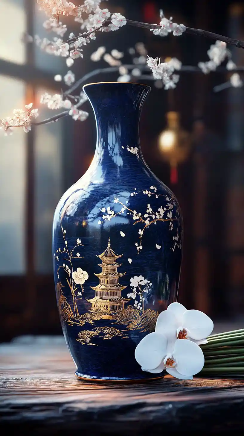 Blue ceramic vase with gold pagoda designs on table