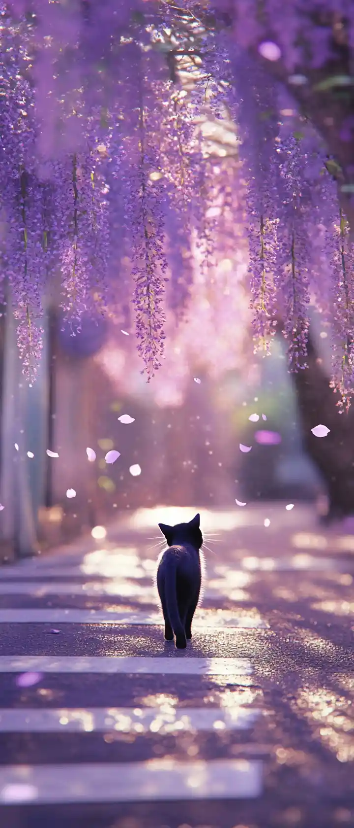 Schwarze Katze auf regennasser Kreuzung unter fallenden Blüten