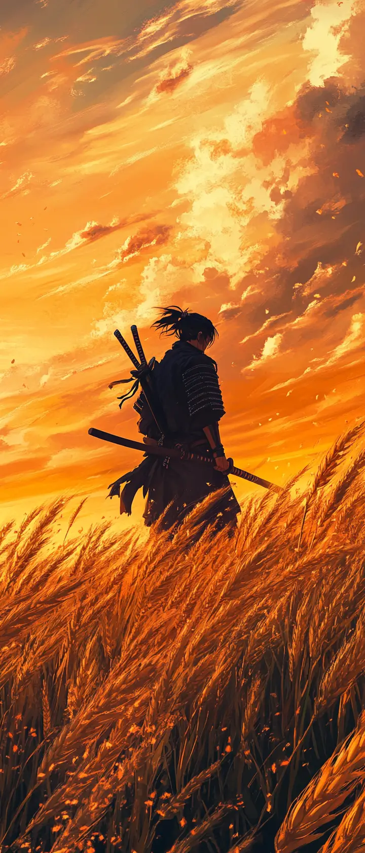 Samurai, der bei Sonnenuntergang durch goldenes Weizenfeld geht
