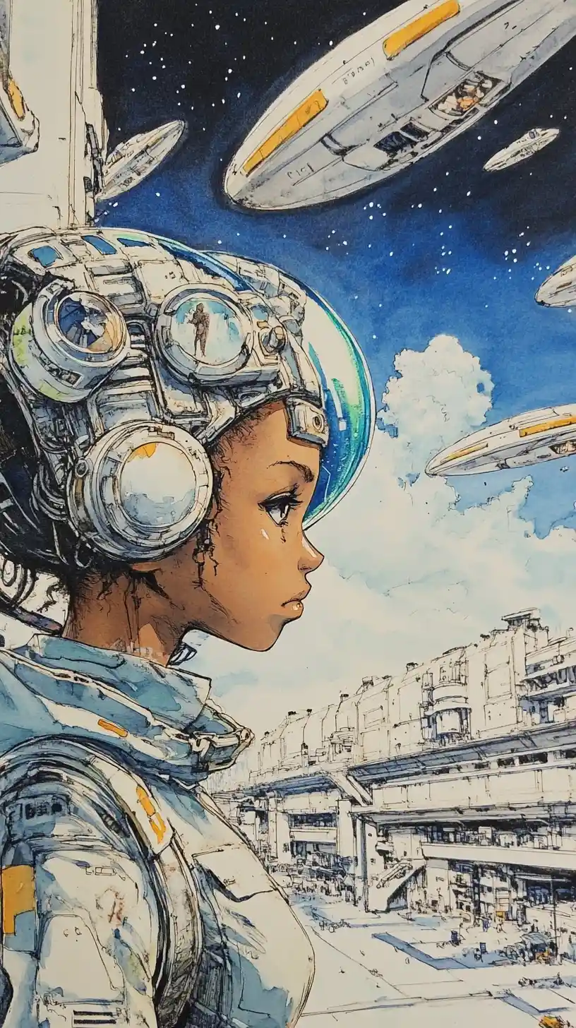 宇宙港で宇宙船に囲まれた未来的な女性のポートレート